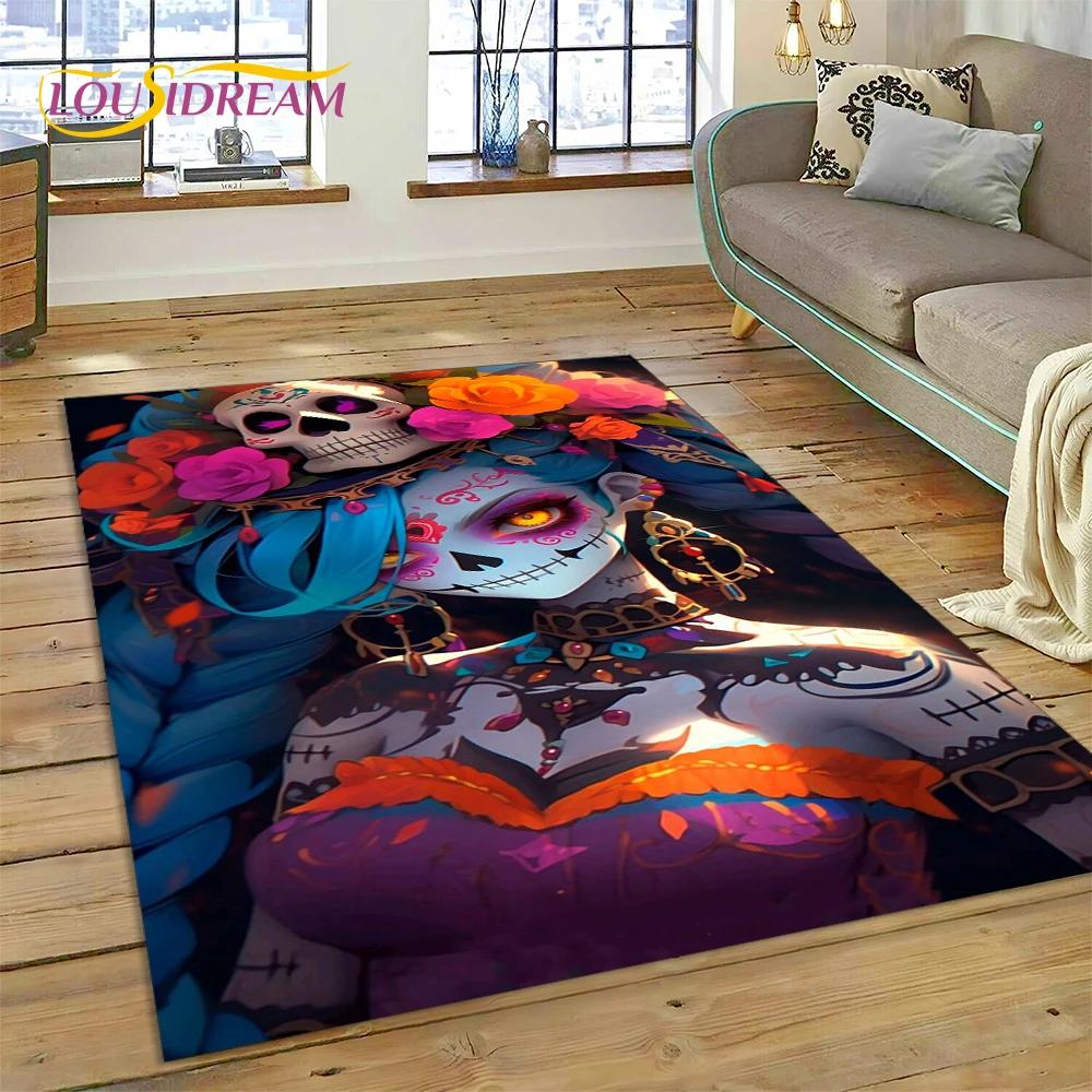 Skull Dead Girl 3D Gothic Horror Female Rose Rug Carpet for Living Room Bedroom Decor,Non-slip Decoration for Sofa Doormat Gift