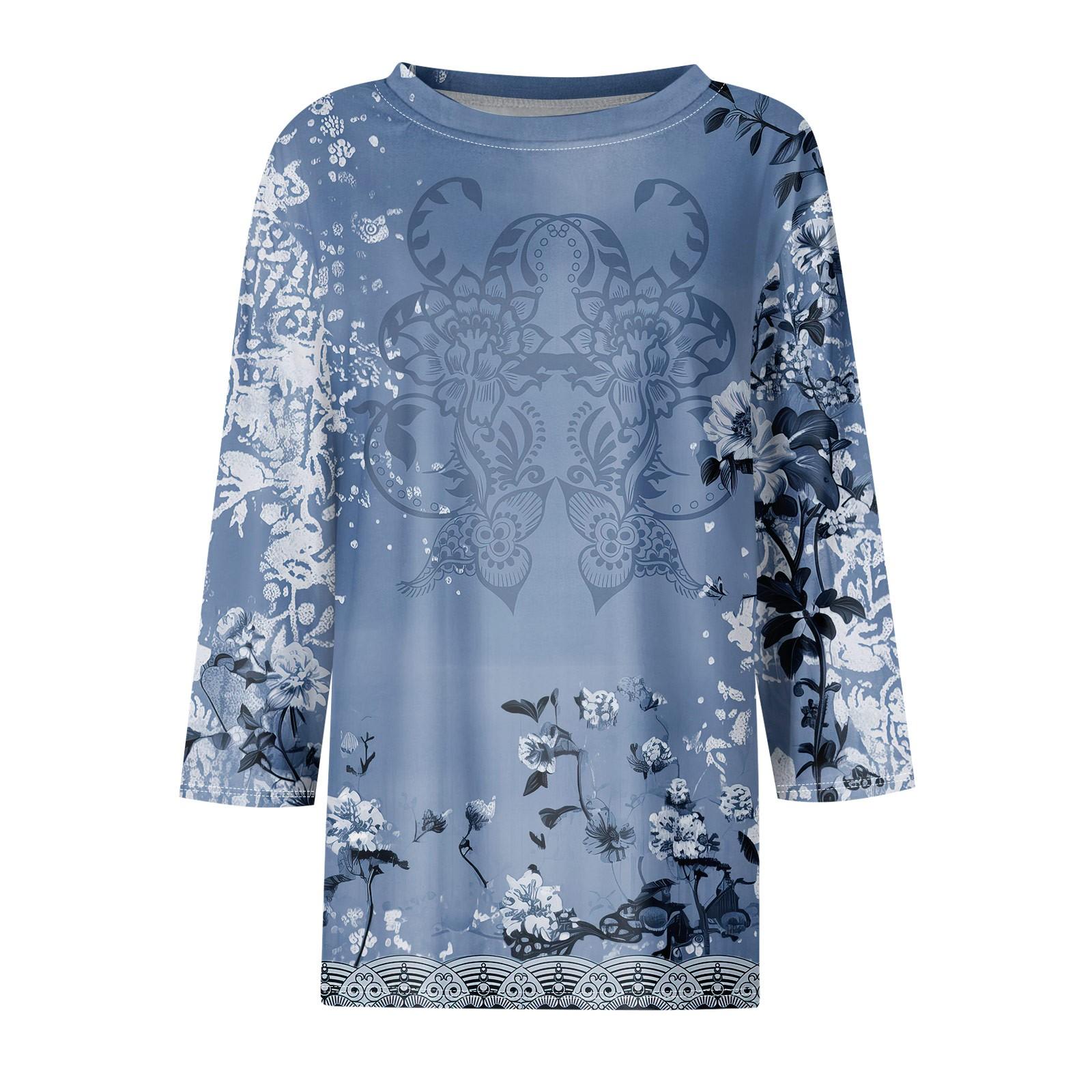 Женская модная повседневная свободная футболка с круглым вырезом и рукавами 3/4 с принтом — фото 3