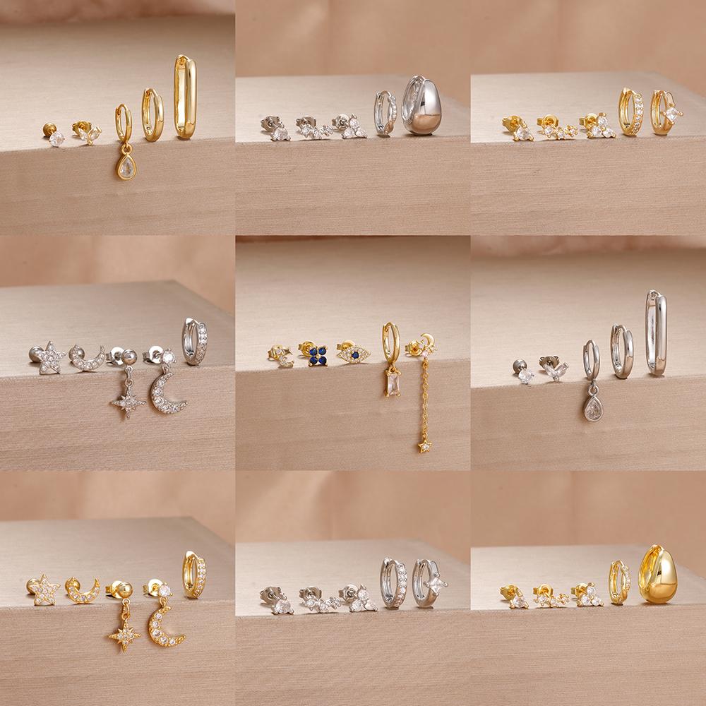 5PCS Stainless Steel Star Moon Minimal Hoop Earrings Set Small Helix Tragus Cartilage Huggie Piercing Earring Women's Jewelry