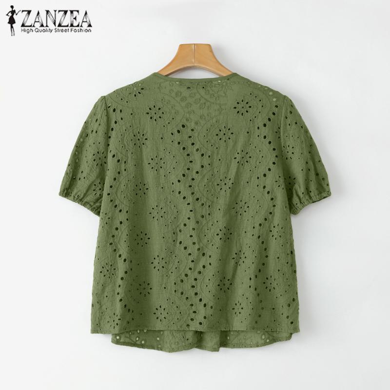 ZANZEA Bluze din dantelă cu mânecă scurtă Bubble cu gât rotund de vară