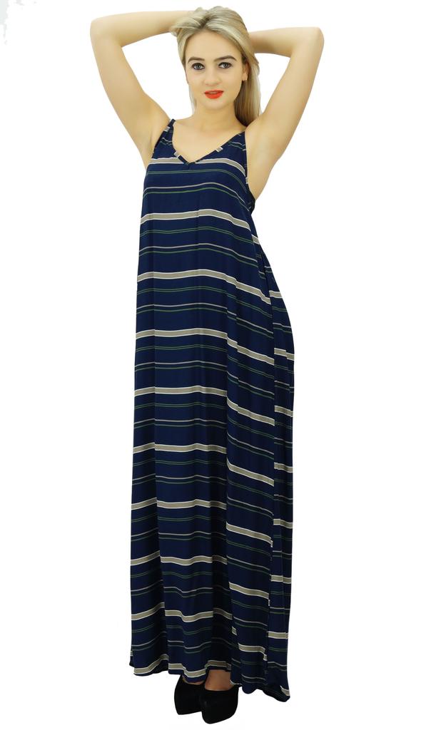 Bimba Women's Navy Blue V Neck Spaghetti Straps Maxi Dress Beach Wear