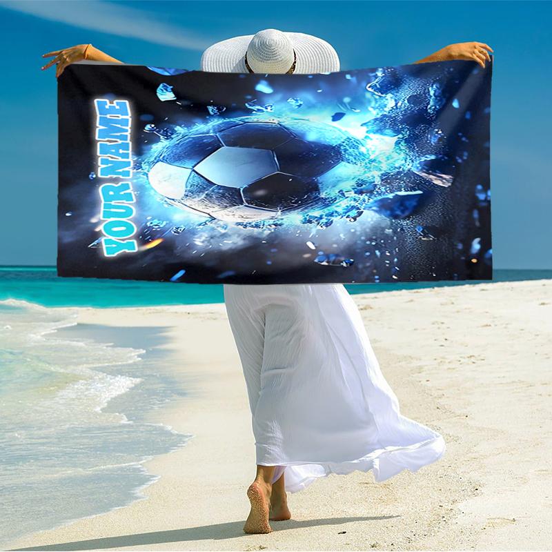 1PC Custom Name "Powerful Soccer Ball" Beach Towel Highly Absorbent And Sand-Resistant Towel for Swimming, Pool, Yoga, And Travel Lightweight
