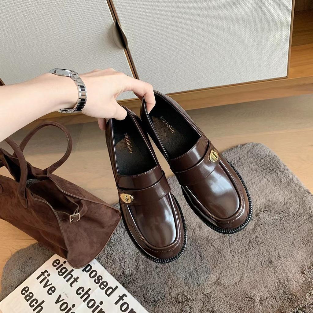 Whole Cowhide~ Grape Mother Versatile Round Head Small Gold Buckle One Pedal Thick Heel Leather Loafers Women's Autumn Small Leather Shoes Women