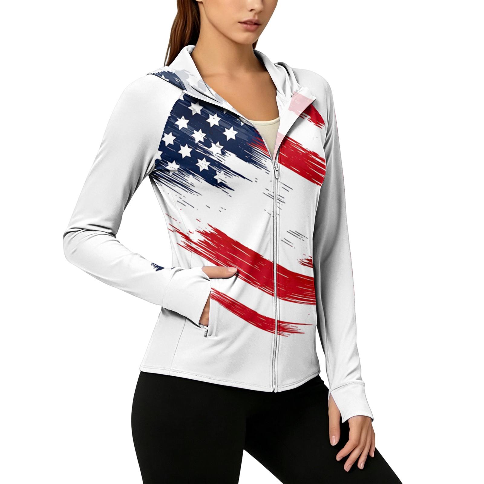 

Women s Full Zip Hooded Jacket Long Sleeve Lightweight Sun Protection Outdoor Activewear with Pockets and Butterfly Print for Independence Day XL