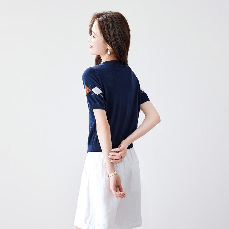 Women's Silk Blend Diamond Jacquard Knit Short Sleeve T-Shirt