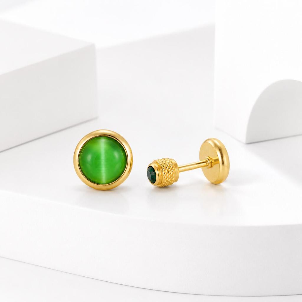 Birthstone Stud Earring for Women,18k Gold Plated Stainless Steel Cat Eye Stone Flat Back, Dainty Everyday Jewelry