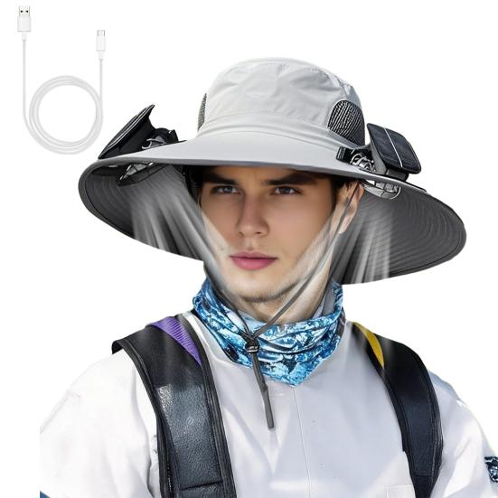 Outdoor Hat with Dual Power Supply Wide Brim Sun Hat with Built-in Solar Fan Fishing Hiking Gardening Hat