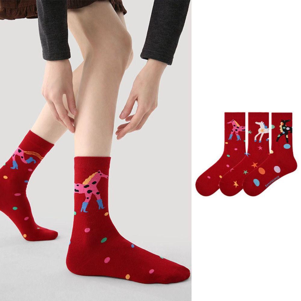 3Pairs Mid Calf Year of The Horse Socks Cartoon Red Cotton Socks Funny New Year Tube Socks  Women
