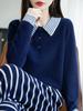 Women's 100% Wool Colorblock Polo Collar Sweater - Long Sleeve Knitted Pullover for Autumn/Winter