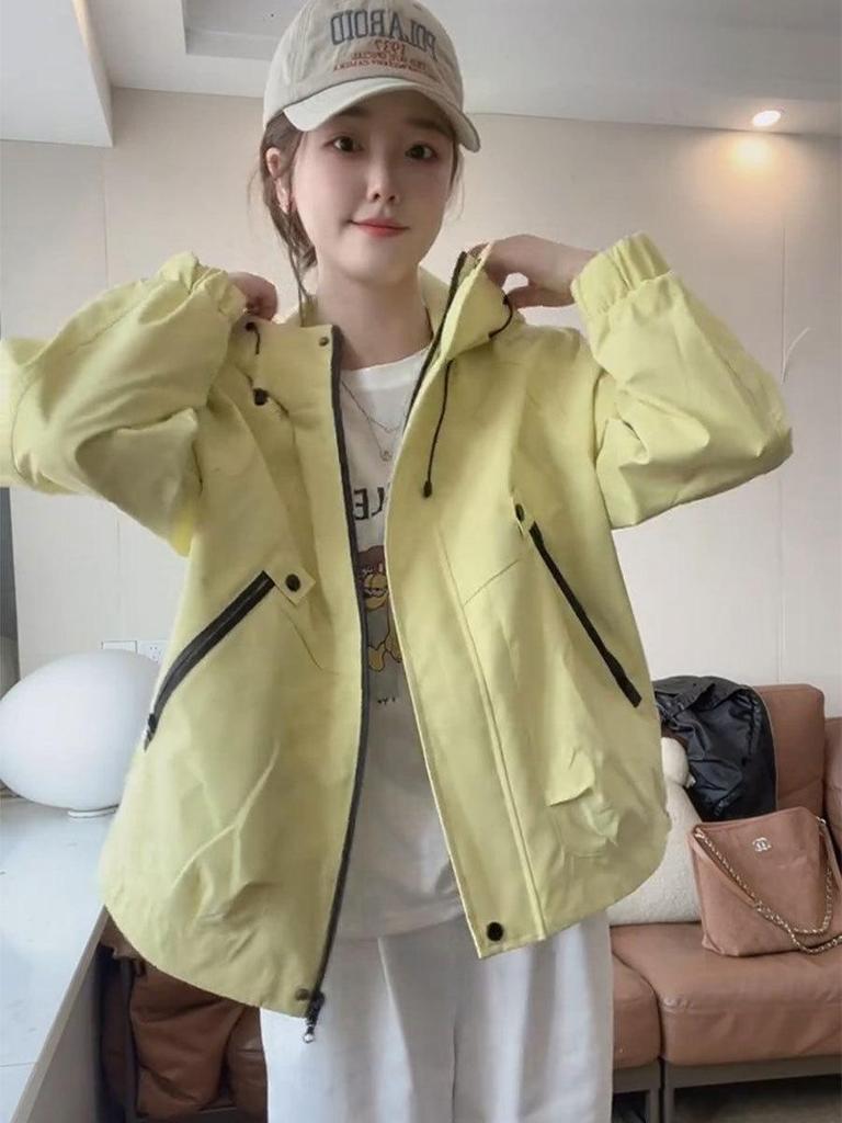 Geacă de vânt cu glugă pentru femei, croială largă - Stil coreean versatil, design scurt cu șnur pentru primăvară și toamnă