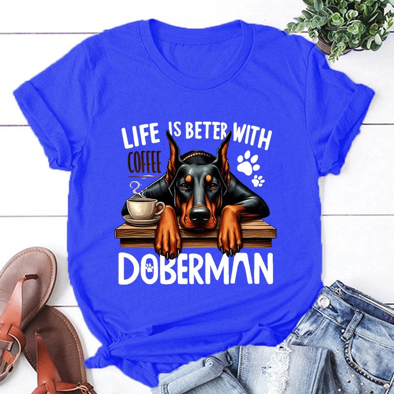 Hot Life Is Better With Coffee Doberman Graphic Short Sleeve T-Shirts For Men Women Shirts Loose T-Shirt Casual Summer T-Shirts