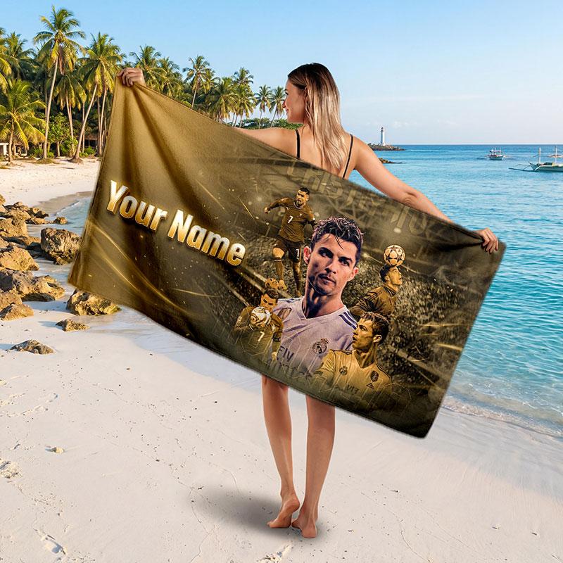 Cristiano Ronaldo Custom Beach Towel, Personalized Name Text Print, Football Logo Soft Quick‑Dry Towel Holiday Gift