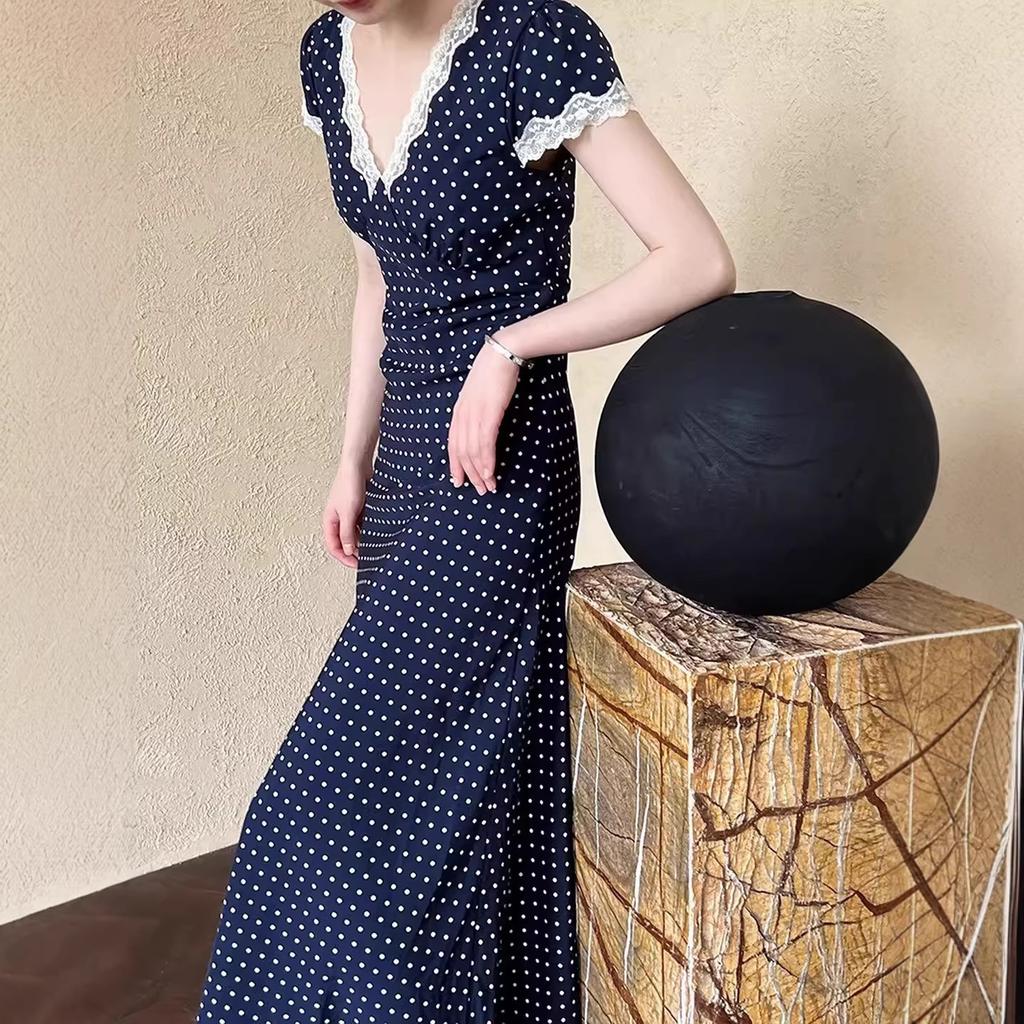 French Retro Popular Polka Dot Dress, New Lace Temperament Summer Dress, Slim and Thin Waist