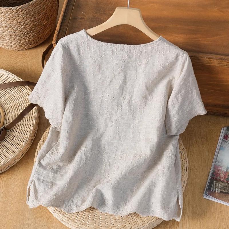 Artistic Retro Embroidered Cotton Linen Women's Summer Short Sleeve Top