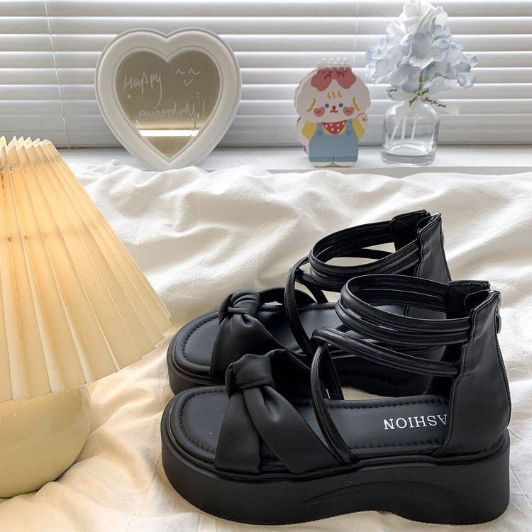 

Fairy wind thick-soled cool slippers female summer wear 2025 new French open-toed student bow with skirt sandals 40