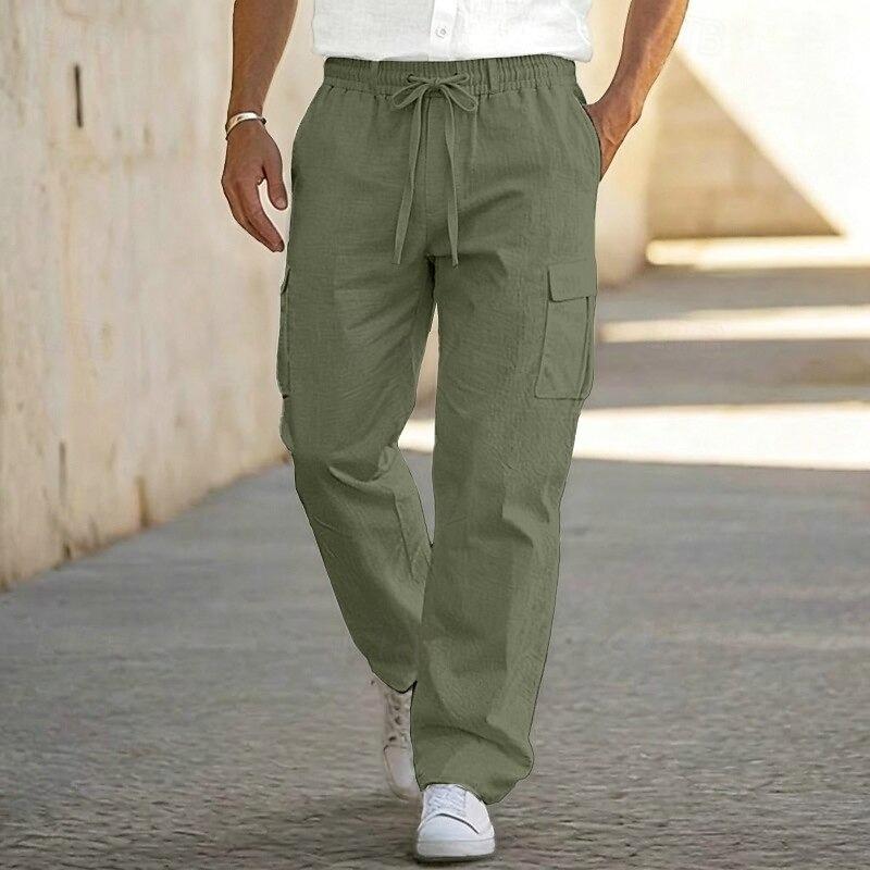 Pánské lněné cargo kalhoty Široké nohavice Volný střih Prodyšné Více kapes Ležérní Celoroční Streetwear