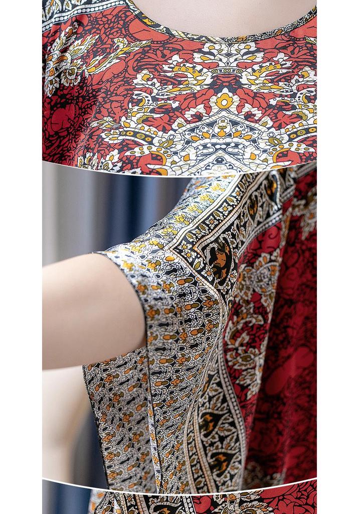 Damen Schlafanzugkleid in Übergröße mit Fledermausärmeln aus Seidenmischung - Bedruckt, Sexy, Dünne Hauskleidung für Frühling & Herbst