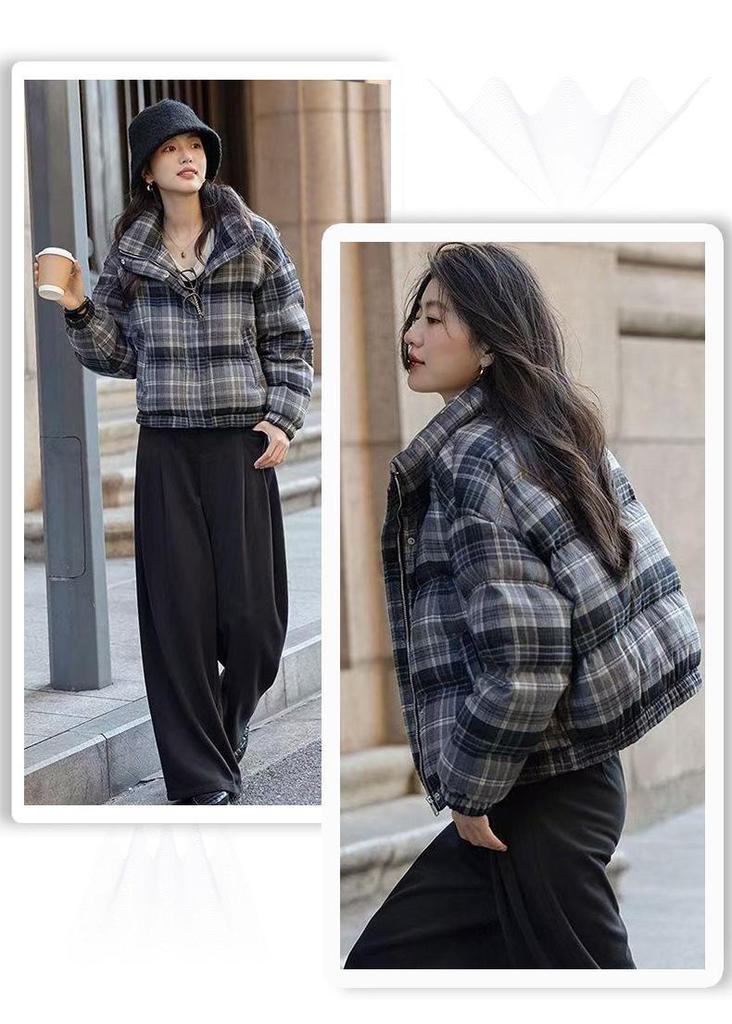 2026 Women's Winter Retro Plaid Cotton Jacket - Short, Thick, Stand Collar, Loose Fit, Warm Outerwear for Petite Students