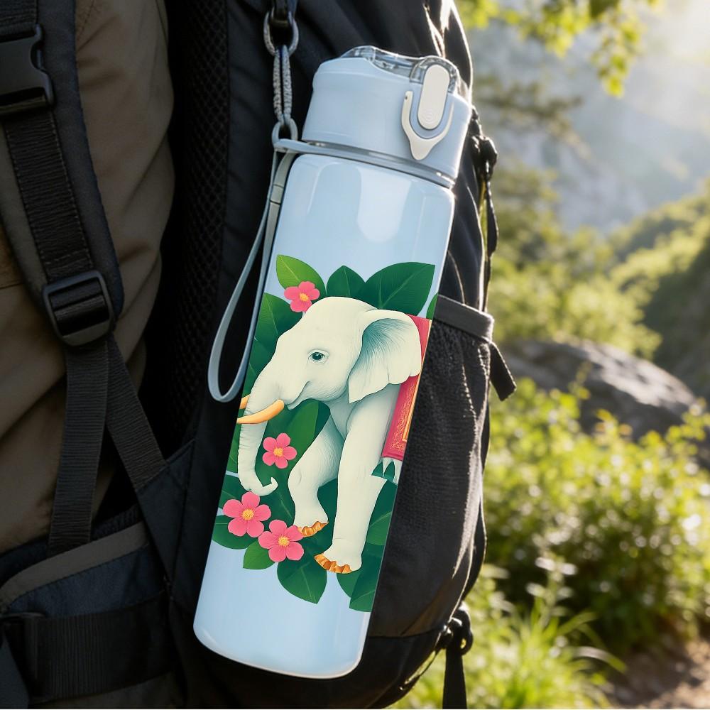 1PC Elephant Green Leaf Floral Print 750ml Color Plastic Sports Water Bottle Leakproof Flip Straw Lid Suitable for Sports Office Home Use