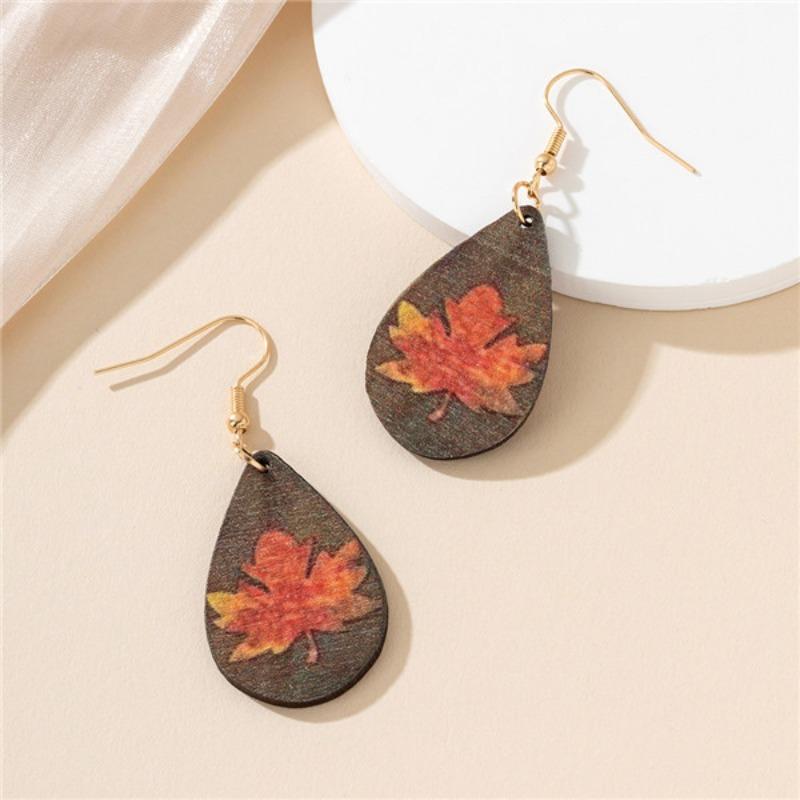 Brincos de madeira em forma de gota, impressão de folha de bordo, estilo antigo requintado, versatilidade diária, brincos para presente.