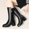 Fashion Autumn Winter Black Leather Fleece-Lined Half High Boots for Women Elegant Heeled Mid Calf Shoes Woman Goth Chic Footwear Sale