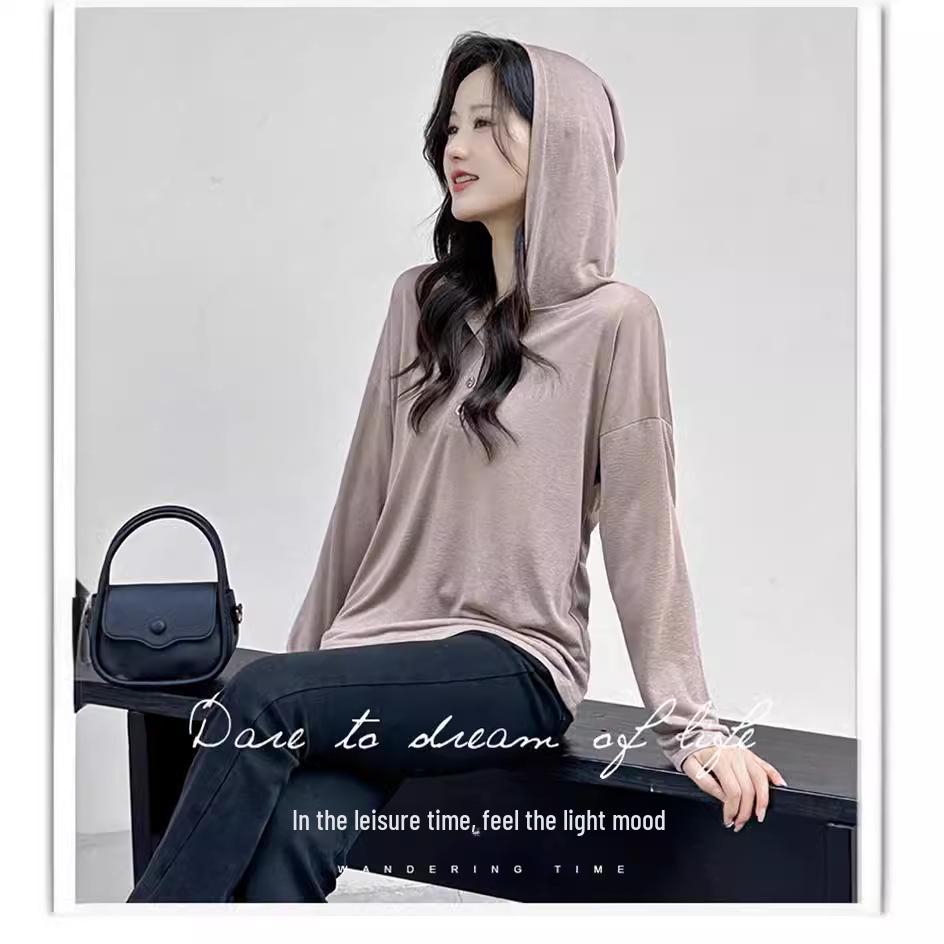 Summer Tencel Hooded Sun Protection Loose Long-Sleeve Knitted Top