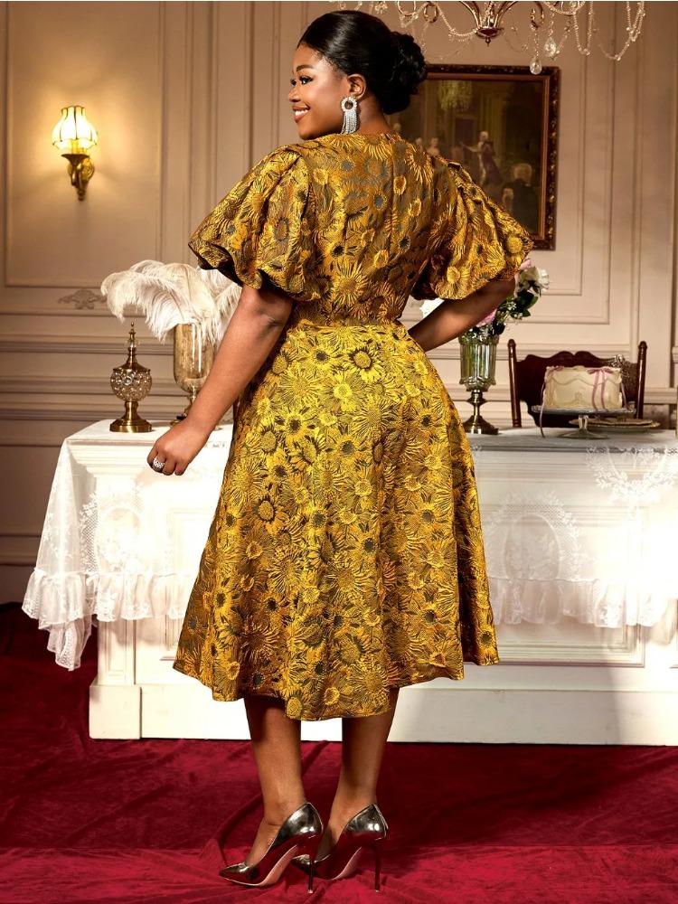 Plus Size Floral Jacquard Dress with Puff Sleeve Sweetheart Neck High Waist Perfect for Weddings Dinner Party Elegant Daytime Event