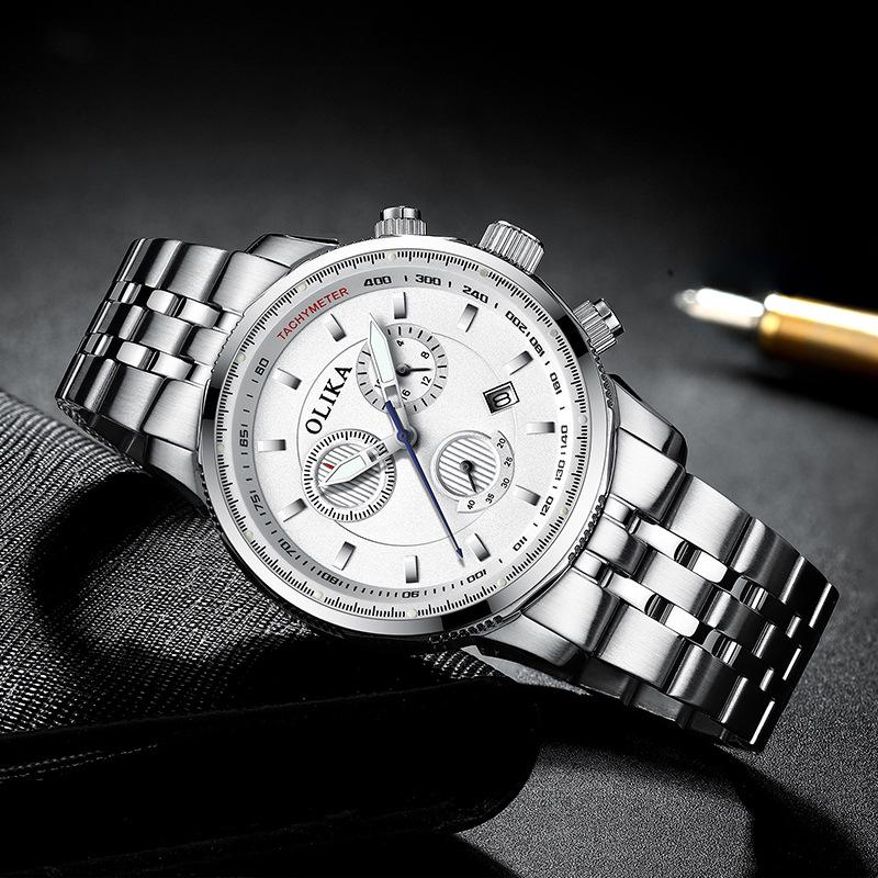 Top Brand New Business Watch Multifunctional Steel Case Steel Band Waterproof Quartz Calendar Wrist Watch