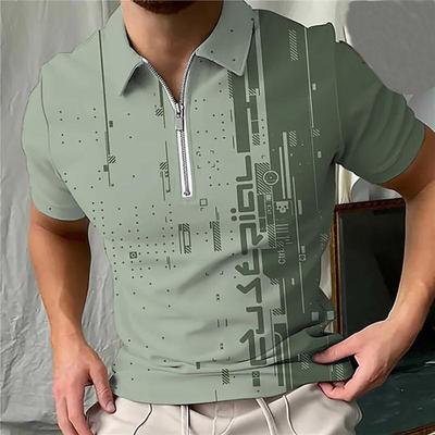 Casual Lapel T-shirt Young Men's Fashion Zipper T-shirt Short Sleeve T-shirt Men's 3D Green Pattern Print T Shirt