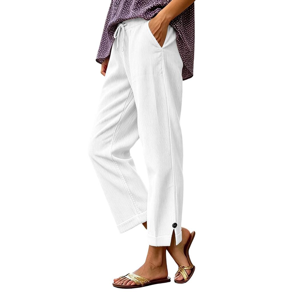Women's Corduroy Straight Leg Pants Casual Trousers with Split Hem