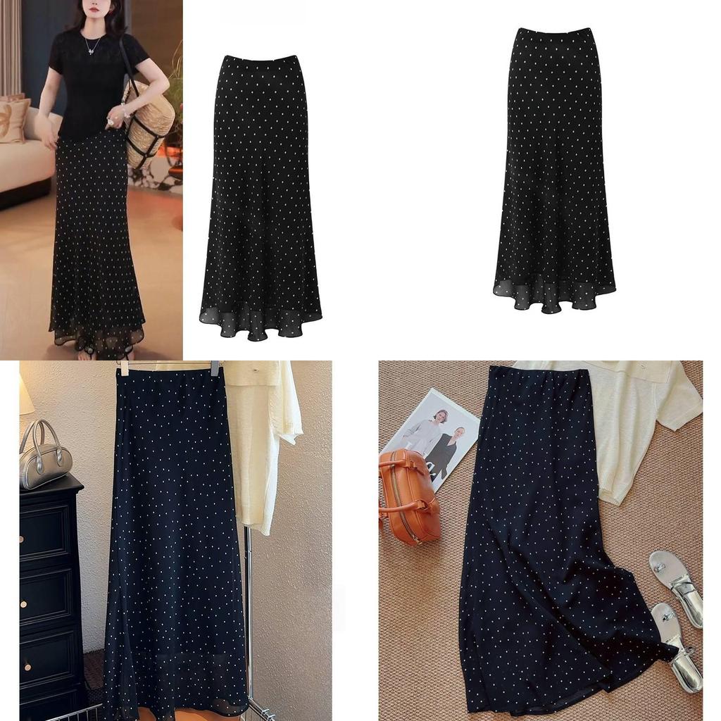 Fish Tail Skirt For Women With Polka Dot Pattern Summer Chiffon High Waist Retro Fashion
