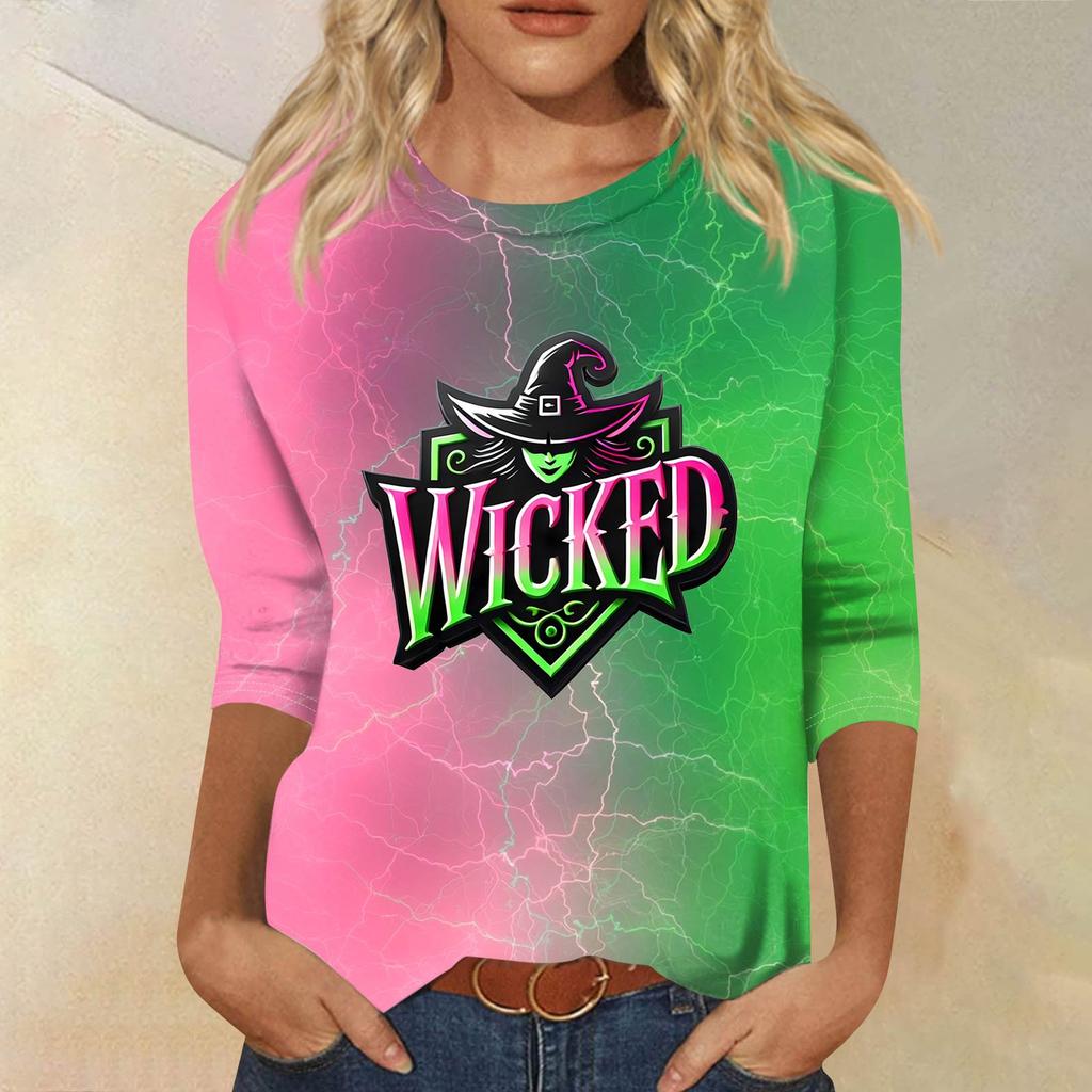 Women's Fashionable Casual Three-Quarter Sleeve Printed Round Neck Top