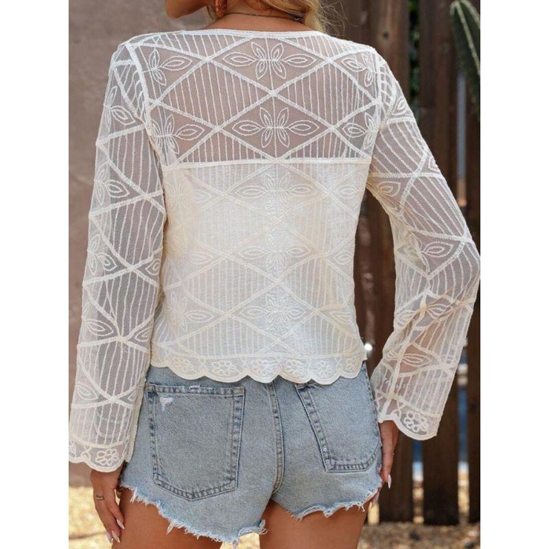 New Arrival Fashion Lace V-neck Single Breasted See-through Lace Crochet Cut Out Cardigan Long Sleeves Sun Protection Shirt for Air Conditioned Rooms