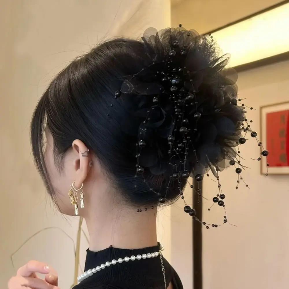 Fluffy Peony Feather Beaded Tassel Hair Clip - Elegant Floral Hair Accessory
