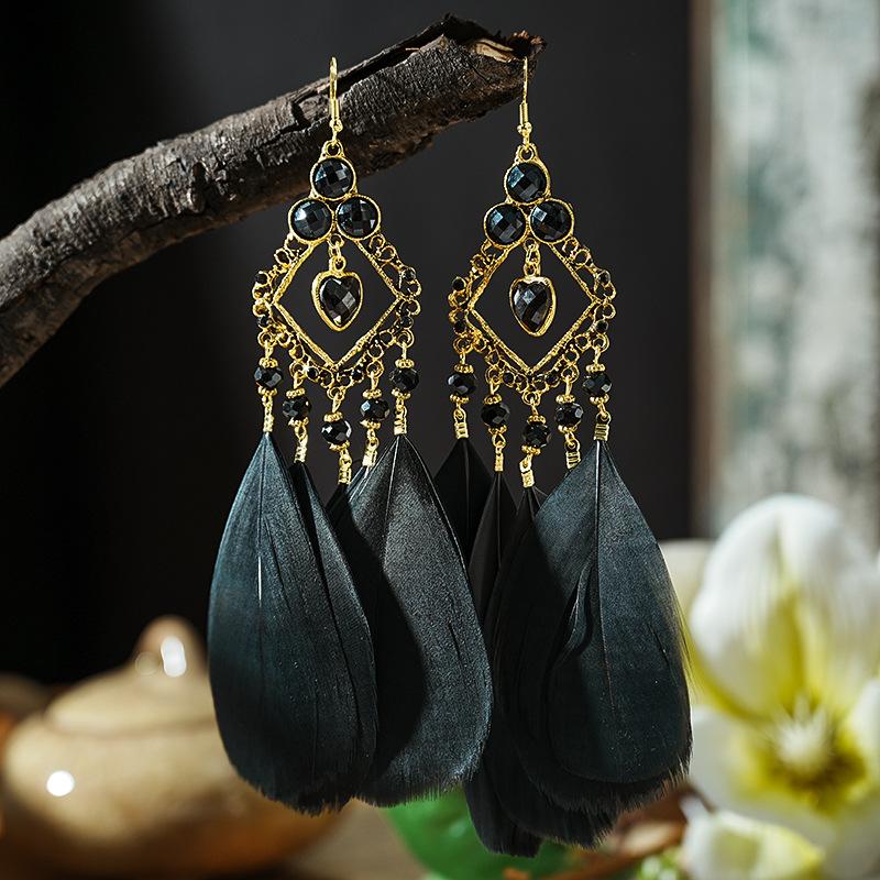 Ethnic Bohemian Big Feather Drop Earrings For Women Vintage Statement Big Geometric Beads Crystal Boho Dangle Zircon Earrings