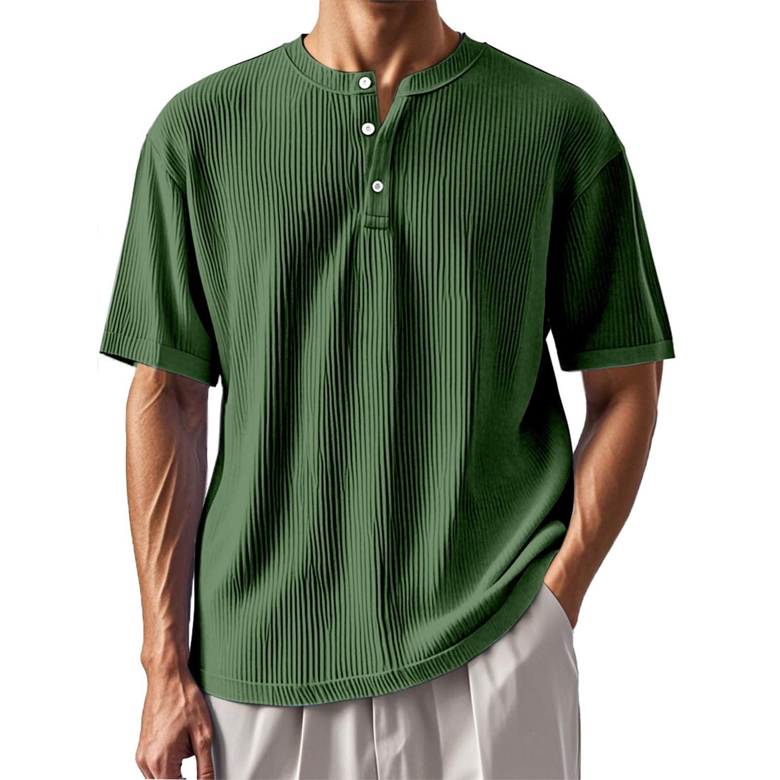 Мужские летние однотонные топы с текстурой в полоску с воротником на пуговицах и короткими рукавами мужские повседневные модные топы свободного кроя L армия зеленый 1759₽