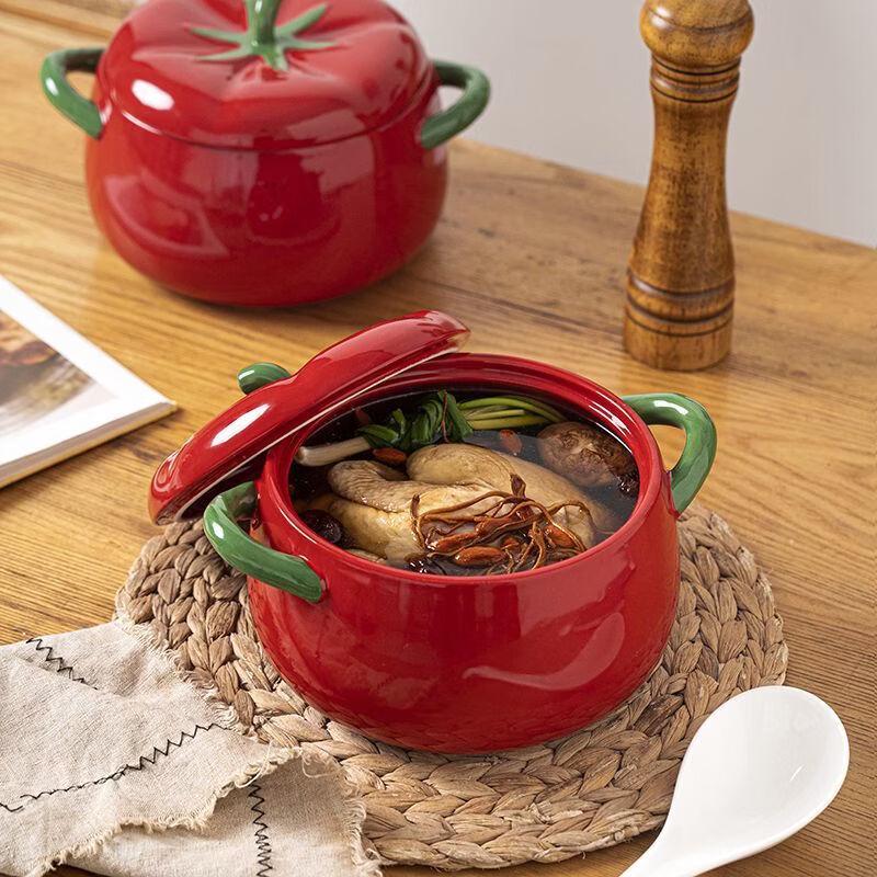 Tomato Double Handle Ceramic Soup Bowl with Lid