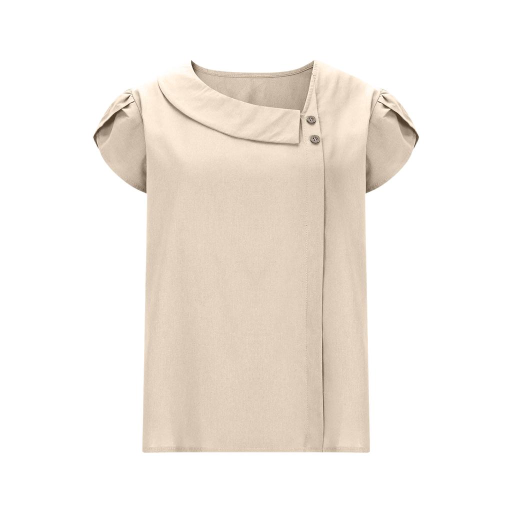 Womens Cotton Linen Tops Asymmetric Neck Short Sleeve Shirts With Buttons