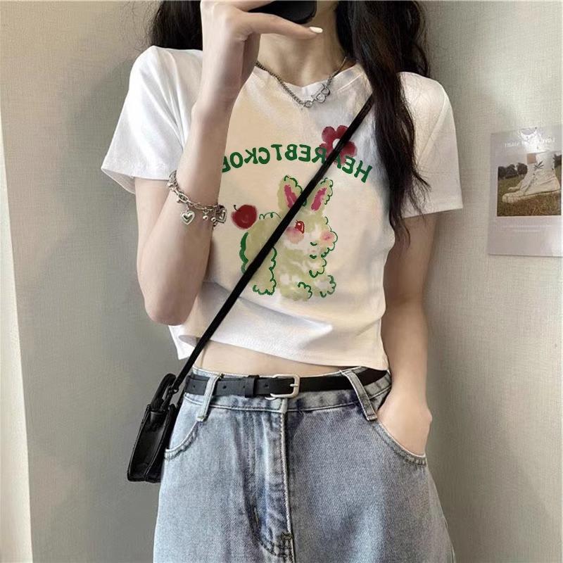 A pure cotton white t-shirt women's design front shoulder short sleeve summer letter print high waist spice top