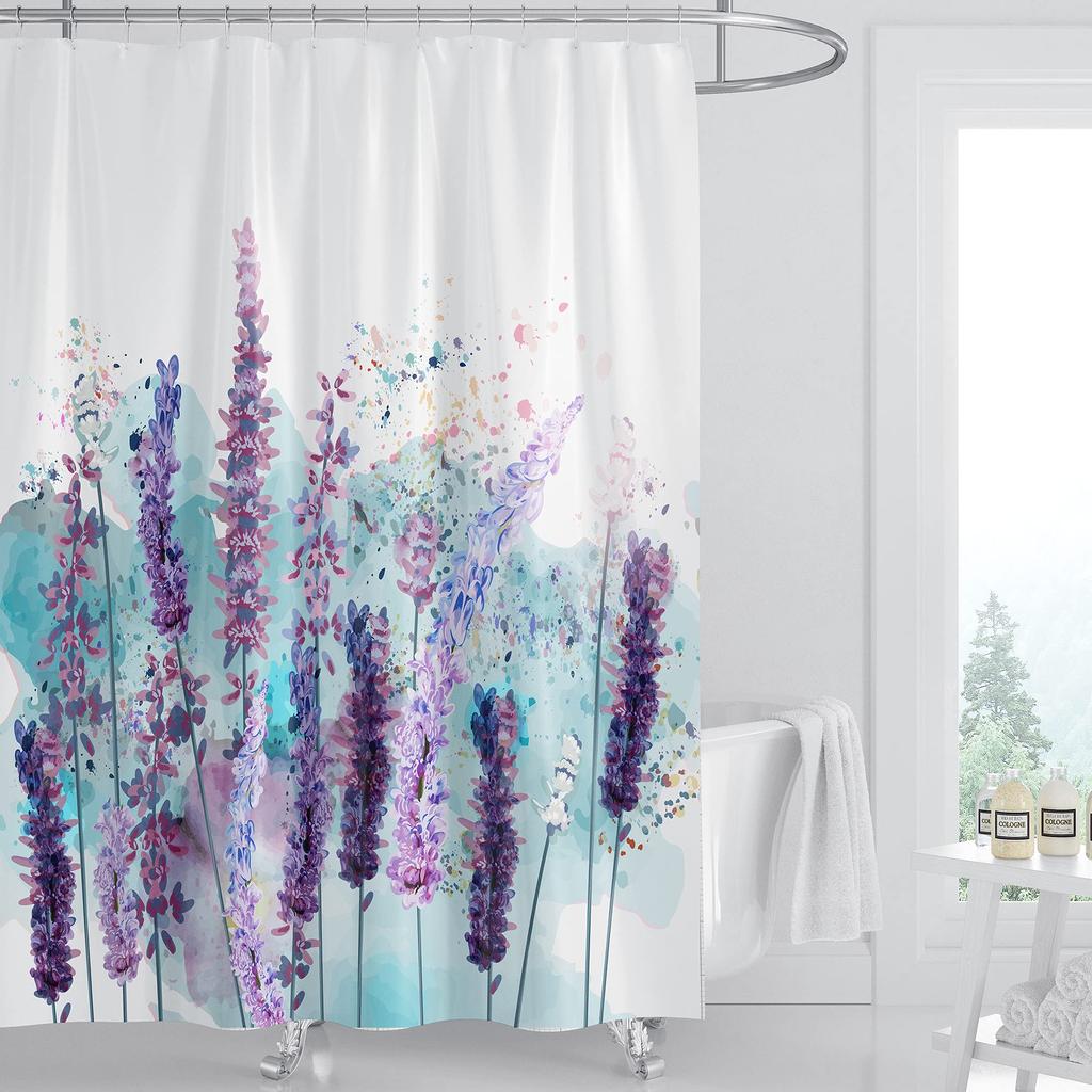 Lavender Shower Curtain with Hooks Waterproof Polyester Fabric Purple Floral Plant Bathroom Bathtub Curtains for Bath Room Tub