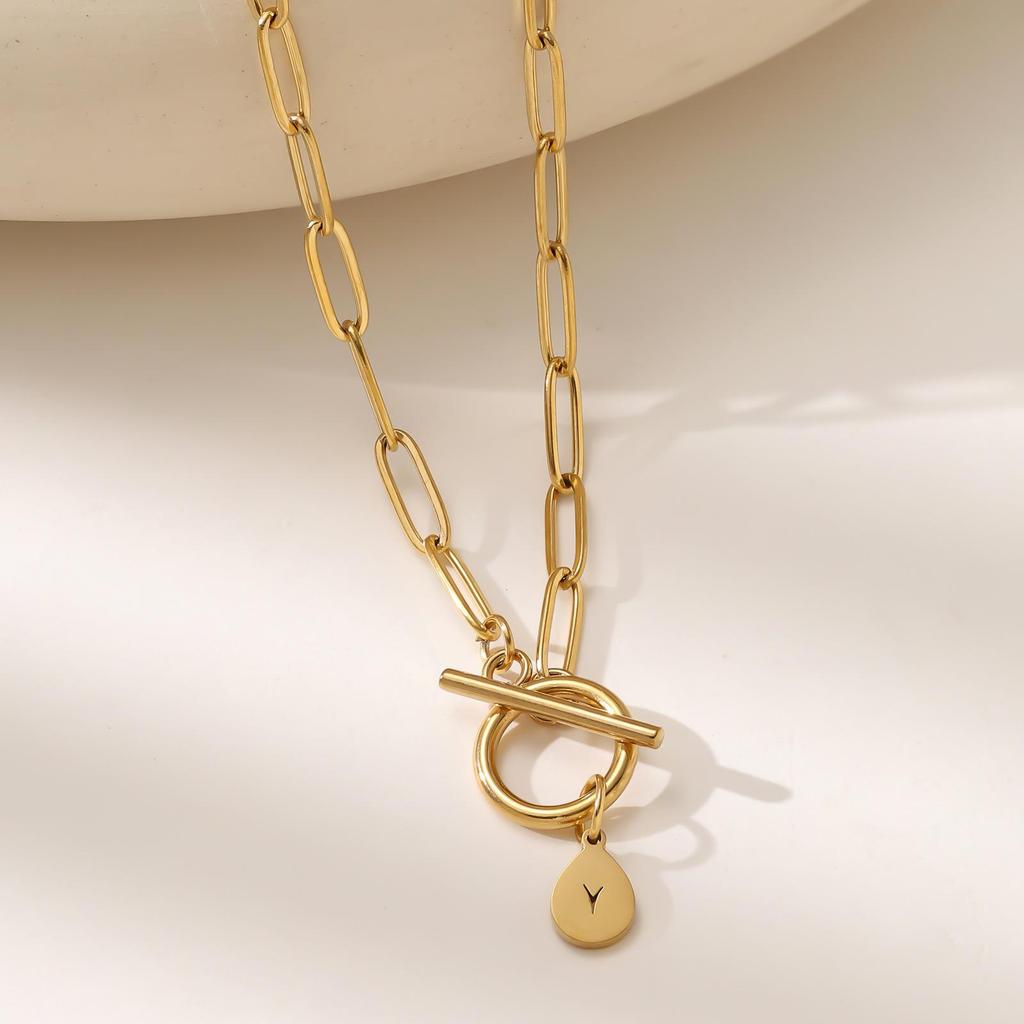 26-Letter Round Pendant Necklace for Women - Stainless Steel Paperclip Chain