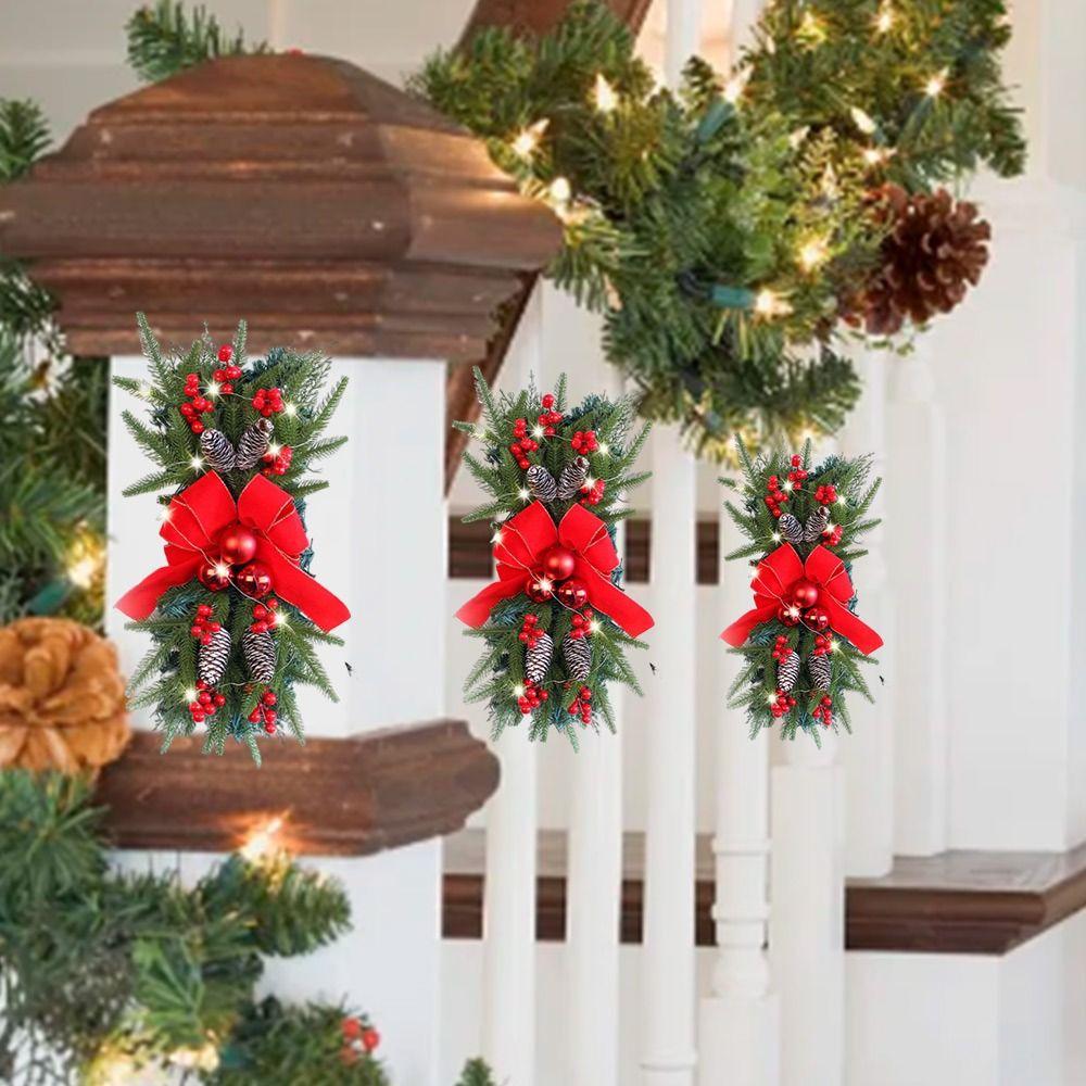 Red Bow Christmas Wreath Pine Cone Artificial Rattan Staircase Arrangement PE Leaf Simulation Plant Rattan Decoration