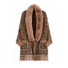 Autumn and Winter Imitation Mink Collar Pocket Sleeves Leopard Print Shawl Cape Fringed Scarf Jacket Women's Knitted Sweater
