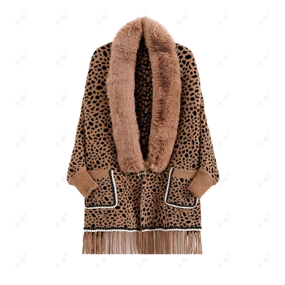 Autumn and Winter Imitation Mink Collar Pocket Sleeves Leopard Print Shawl Cape Fringed Scarf Jacket Women's Knitted Sweater