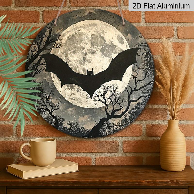 2D Flat, 1pc Gothic Bat Wall Art - Round Metal Bat Silhouette Sign with Moon Night Sky, Aluminum Pre-Drilled Hanging Decor for Man Cave, Office