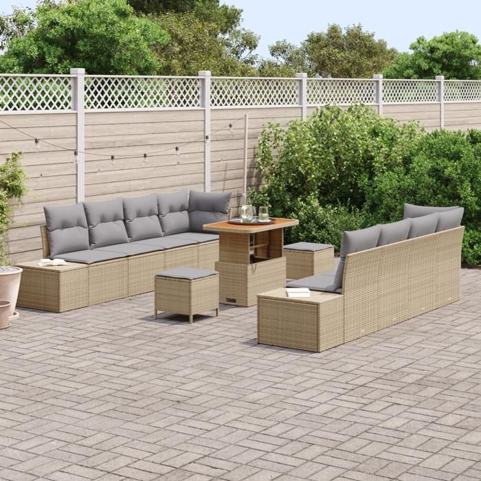VidaXL Ensemble de sofa de jardin 11 pièces avec coussins Beige Poly Rattan Acacia 3362762