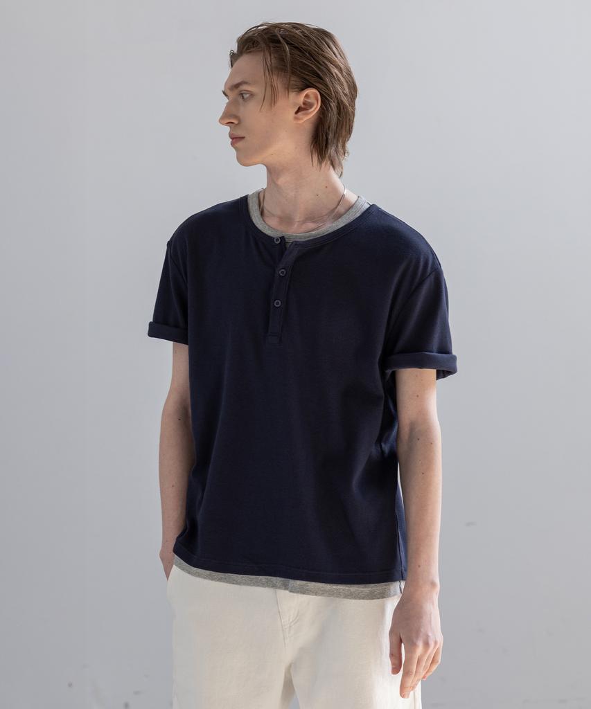Dekkoloso Easy Layered Henley Neck Short Sleeve T-Shirt [Navy]