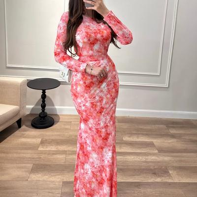 European Beautiful Woman Spring and Autumn New Round Neck Collar Waist Dress, Thin Hip Wrap Long Sleeve Printed Long Dress