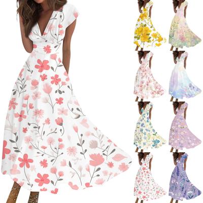 Women's Long Casual Dress Summer Short-Sleeve V-Neck Waist Retraction Printed Dress