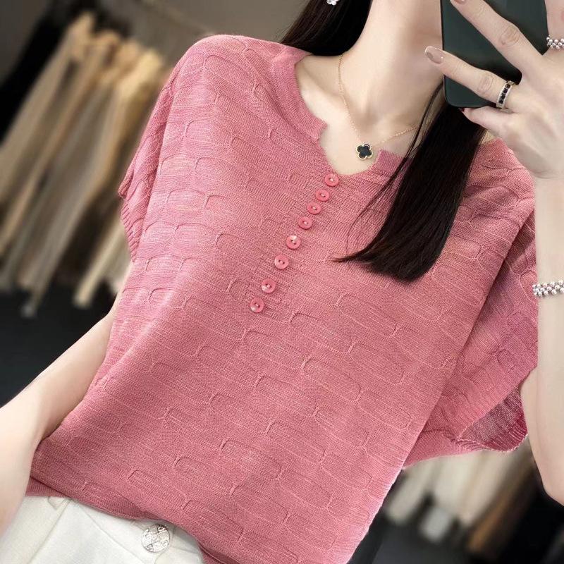 GMXIA Linen Ice Silk Top, Solid Color Knitted Sweater, Summer Slimming, Large Size, Round Neck, Thin Sheer Mesh
